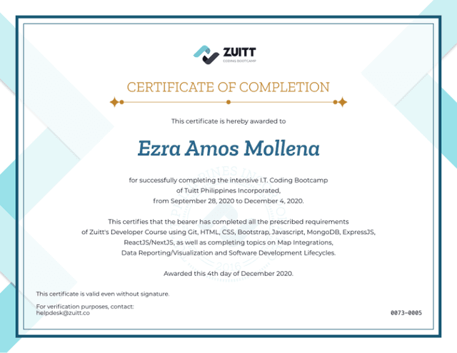 Zuitt BootCamp Completion